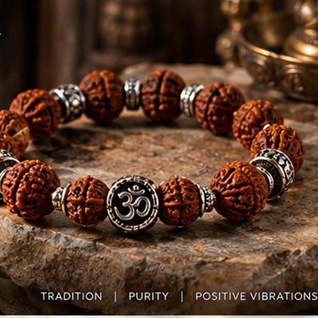 Rudraksha OM Bracelet with Silver Spacers